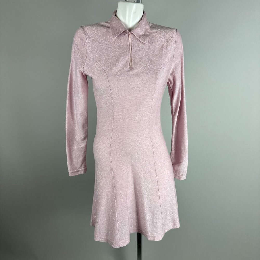 Vintage 90s Pastel Pink Silver Sparkle Skater Dress Tinsel Metallic Club Kid Med - Picture 2 of 6